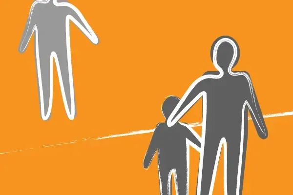 Illustration of two people standing on one side of a line, with another person on the other side.