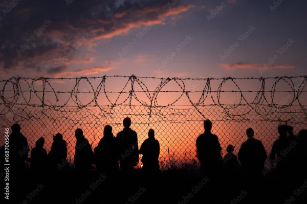 Asylum seekers at fence with barbed wire